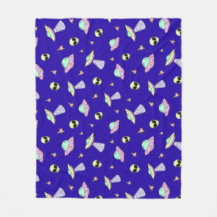 UFOs, Alien Faces, and Stars on Blue Background Fleece Blanket