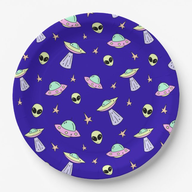 UFOs, Alien Faces, and Stars on Blue Background Paper Plates (Front)