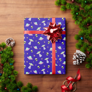 UFOs, Alien Faces, and Stars on Blue Background Wrapping Paper