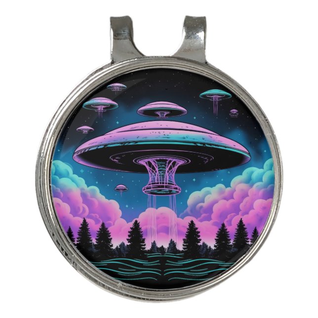 UFOs Alien Invasion Aesthetic  Golf Hat Clip (Front)