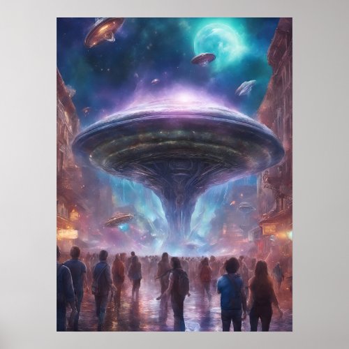 UFOs Land in Town Square Alien Invasion Poster