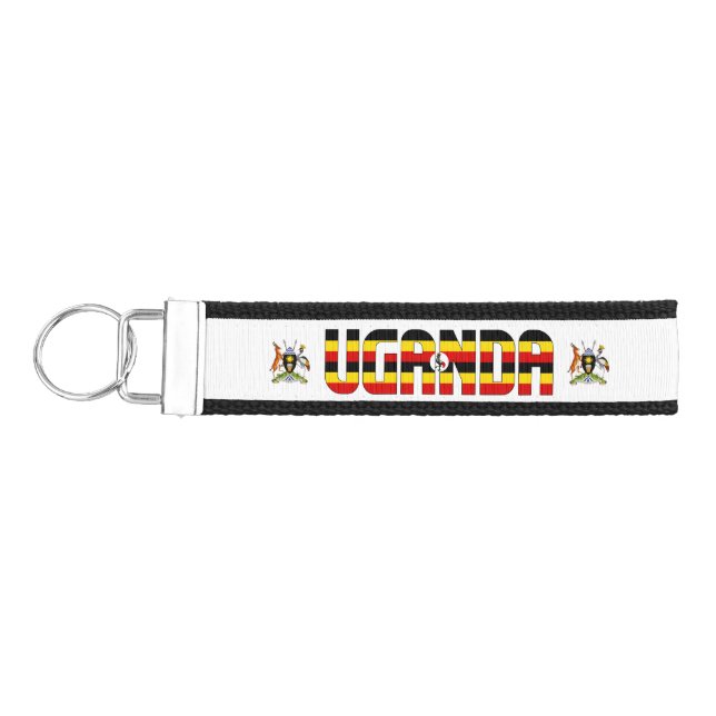 Uganda Flag Inscription Red Black Yellow Patriotic Wrist Keychain (Keys on Left)