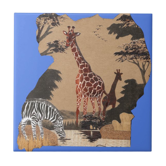 Uganda Wildlife Map Art Print Ceramic Tile (Front)