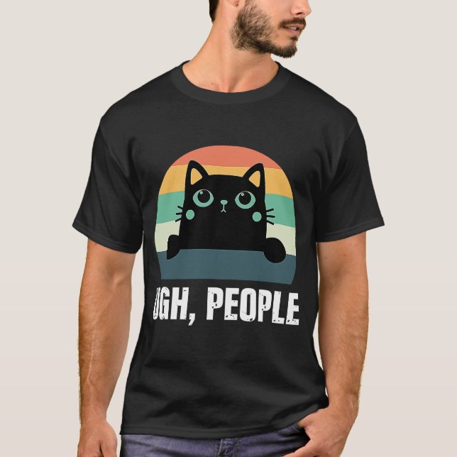 Ugh People Black Cat Retro Style Anti Social Intro T-Shirt (Front)