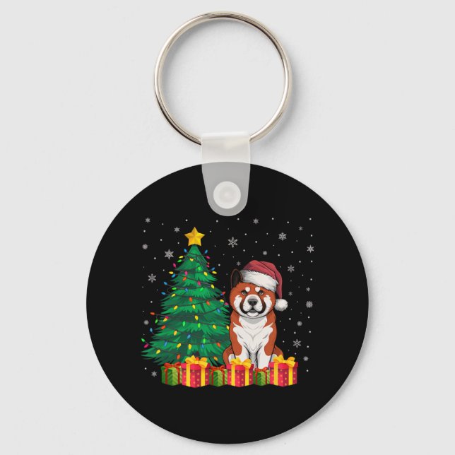 Ugly Akita Santa Hat Christmas Lights Dog Lover Xm Keychain (Front)
