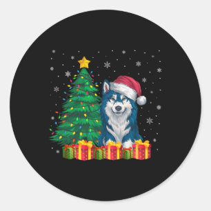 Ugly Alaskan Klee Kai Santa Hat Christmas Lights D Classic Round Sticker
