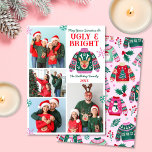 Ugly and Bright 4 Photo Christmas Sweater Collage Holiday Card<br><div class="desc">This ugly and bright design features 4 photo slots for you to add your own photos and and an ugly sweater christmas design with a reindeer on the front and snowflakes bordering the design. The text reads 'May your sweaters be ugly and bright' and you can add your family name...</div>