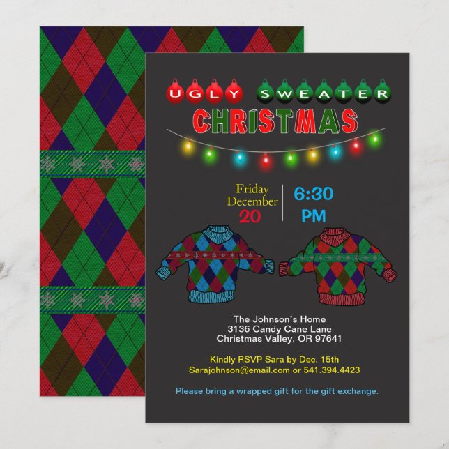 Ugly Argyle Sweater Christmas and Lights Invitation (Front/Back)