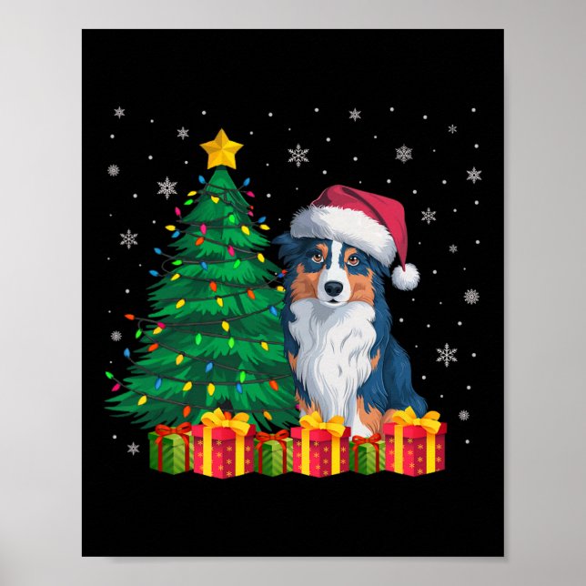 Ugly Australian Shepherd Santa Hat Christmas Light Poster (Front)