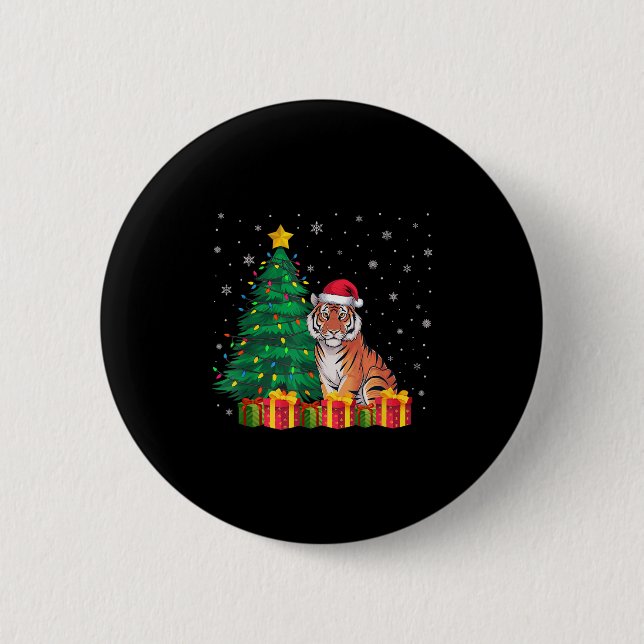 Ugly Bengal Tiger Santa Hat Christmas Tree Lights  Button (Front)