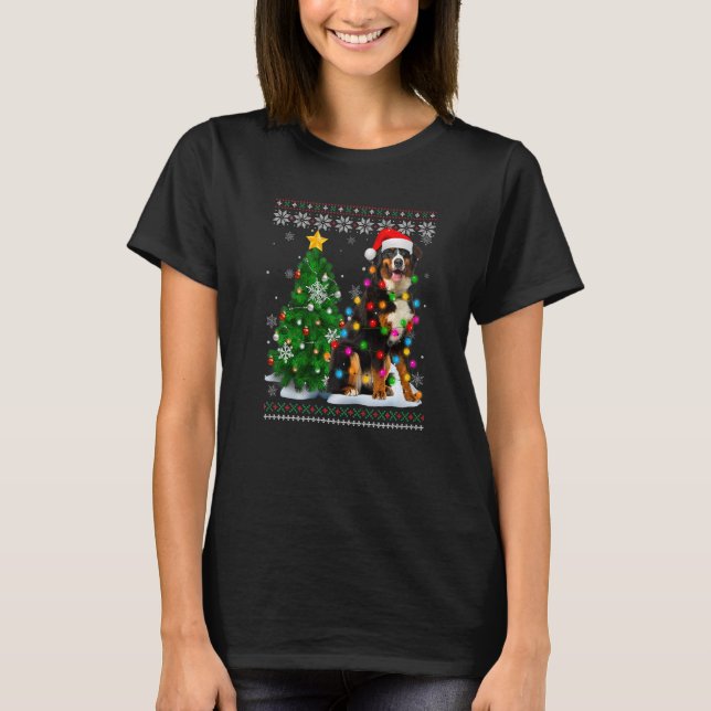 Ugly Bernese Mountain Dog Santa Hat Christmas Tree T-Shirt (Front)