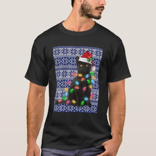 Ugly Black Cat Christmas Light T Funny Cat Lover T_Shirt