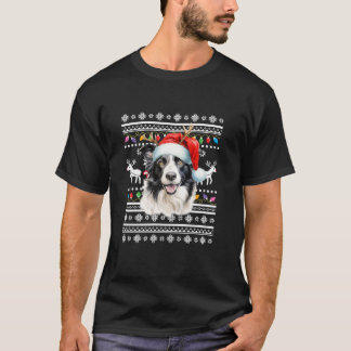 Ugly Border collie Santa Christmas Lights dog Xmas T-Shirt