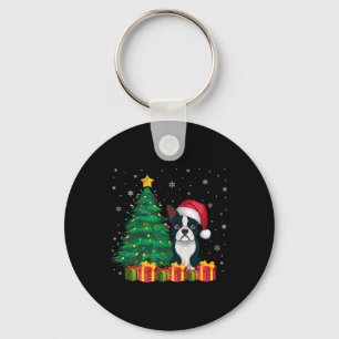 Ugly Boston Terrier Santa Hat Christmas Lights Dog Keychain