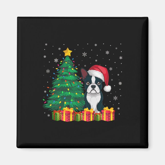 Ugly Boston Terrier Santa Hat Christmas Lights Dog Magnet (Front)