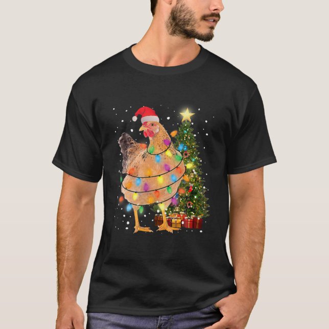 Ugly Chicken Christmas Lights Tree Santa Hat Hen L T-Shirt (Front)