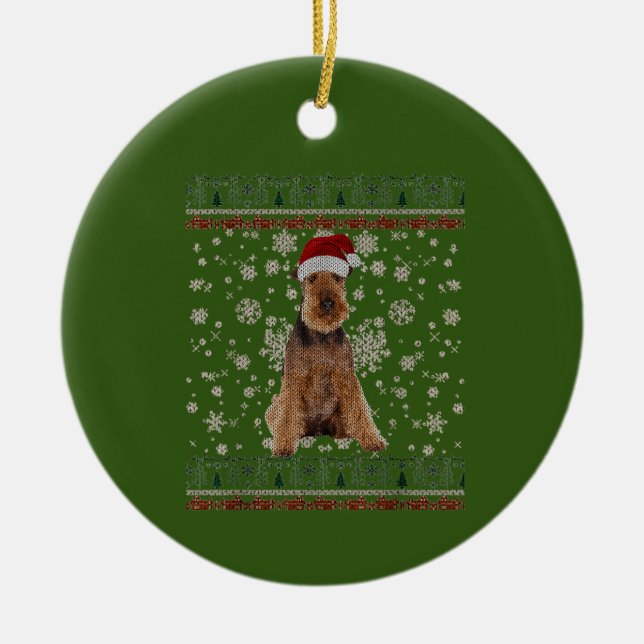 Ugly Christmas Airedale Terrier Dog Xmas Merry Ceramic Ornament (Front)