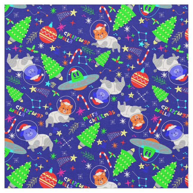 ugly christmas alien santa dog cat fabric (Close Up)