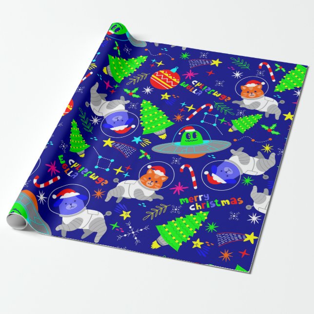ugly christmas alien santa dog cat wrapping paper (Unrolled)