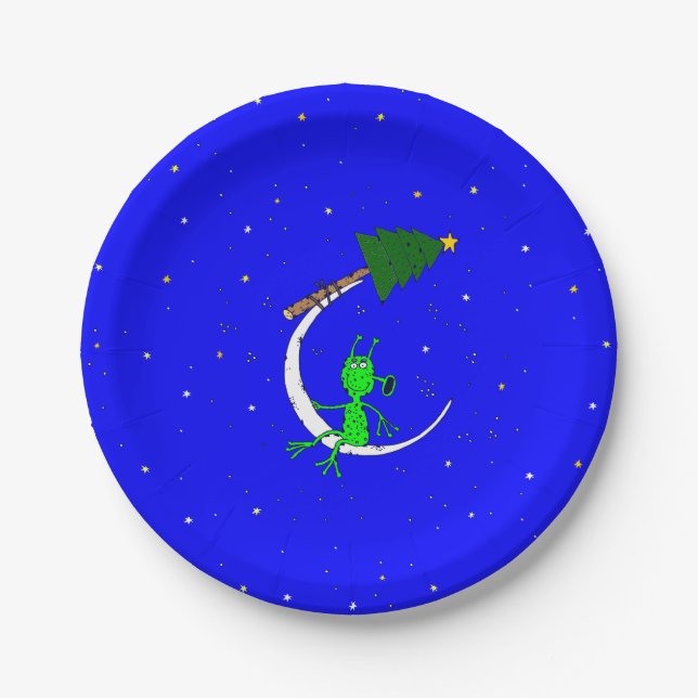 ugly christmas alien xmas tree moon paper plates (Front)