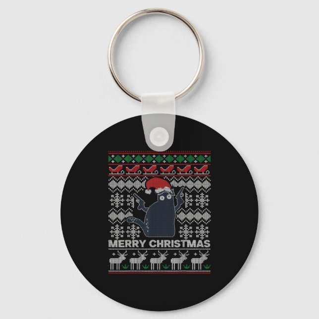 Ugly Christmas Black Cat Merry Christmas Gift  Keychain (Front)