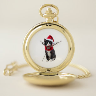 Ugly Christmas Black Cat Santa Hat Scarf Holiday C Pocket Watch