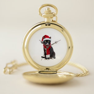Ugly Christmas Black Cat Santa Hat Scarf Holiday C Pocket Watch