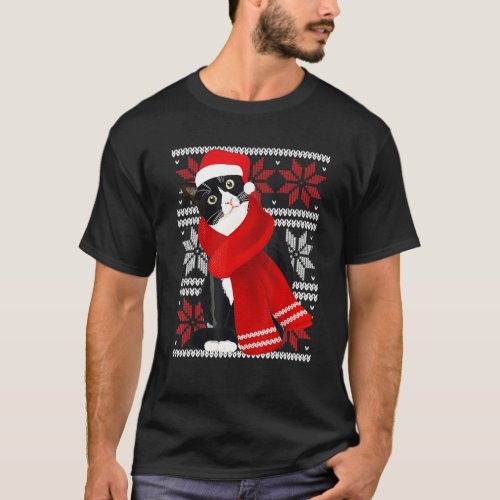 Ugly Christmas Black Cat Santa Hat Scarf Holiday C T_Shirt