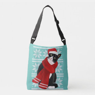 Ugly Christmas Black Cat Santa Hat Scarf Holiday Crossbody Bag