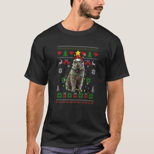 Ugly Christmas British Shorthair Cat Lights Santa  T_Shirt