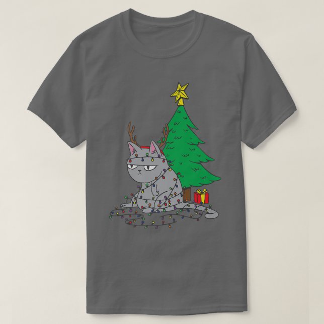 Ugly Christmas Cat Fairy Lights Christmas Tree T-Shirt (Design Front)