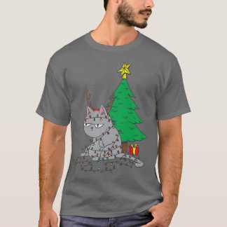 Ugly Christmas Cat Fairy Lights Christmas Tree T-Shirt