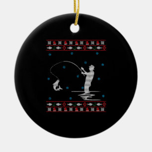 Ugly Christmas Fisherman Fishing Rod Ceramic Ornament