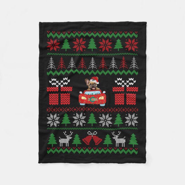 Ugly Christmas French Bulldog Riding Car Red Santa Fleece Blanket (Front)