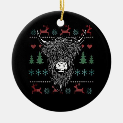 Ugly Christmas Highland Cow Ceramic Ornament