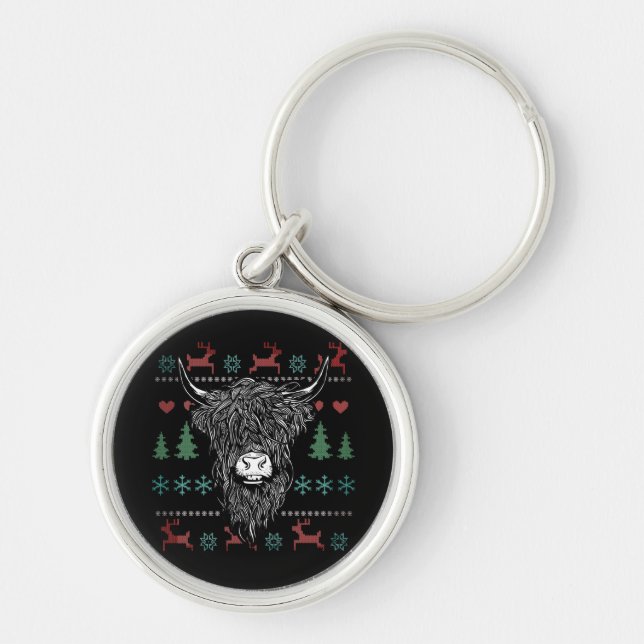 Ugly Christmas Highland Cow Keychain (Front)