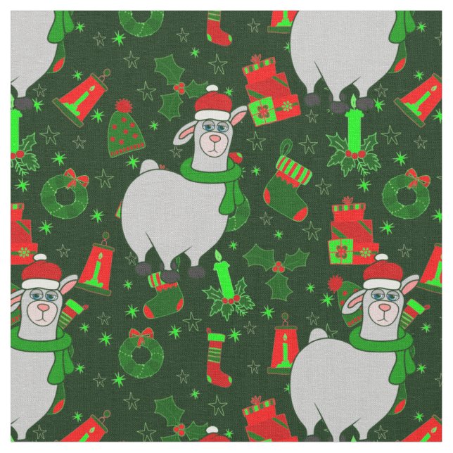 ugly christmas llama santa claus alpaca fabric (Close Up)