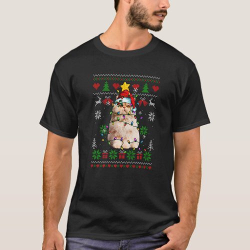 Ugly Christmas Persian Cat Lights Santa Hat T_Shirt
