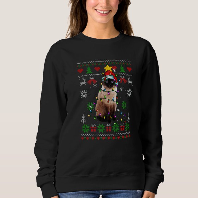 Ugly Christmas Siamese Cat Lights Santa Hat Sweatshirt (Front)