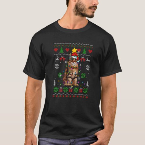 Ugly Christmas Siberian Cat Lights Santa Hat T_Shirt