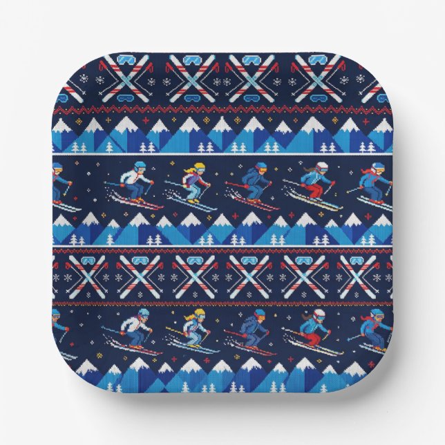 Ugly Christmas Ski Pattern Holiday  Paper Plates (Front)