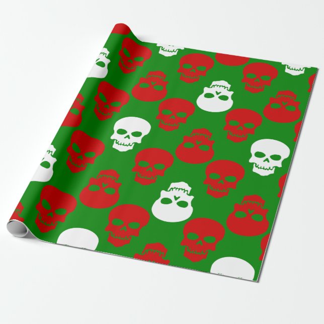 ugly christmas skulls red white green wrapping paper (Unrolled)