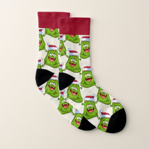 Ugly Christmas Socks Green Monster with Santa Hat