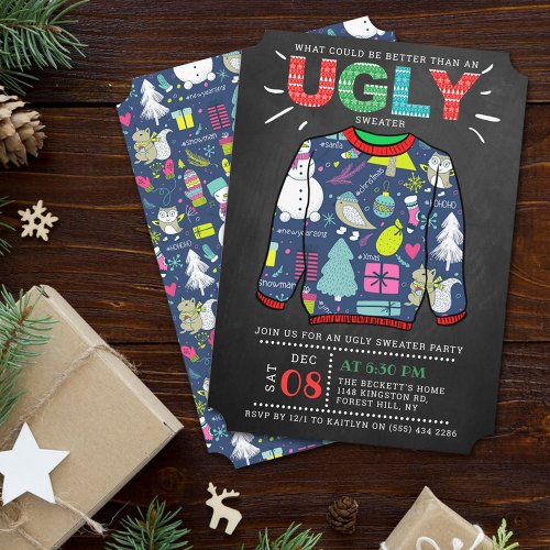 Ugly Christmas Sweater Chalkboard Holiday Party Invitation