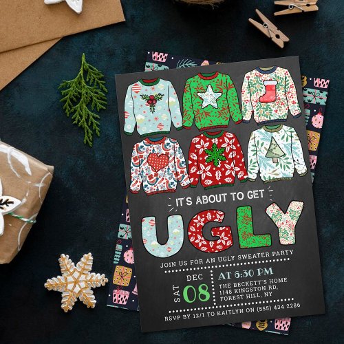 Ugly Christmas Sweater Chalkboard Holiday Party Invitation