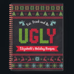 Ugly Christmas Sweater Chalkboard Recipe Cookbook Notebook<br><div class="desc">“Eat, drink and be ugly.” Here’s a wonderful way to keep track of all your favorite holiday recipes. Easily access your holiday culinary adventures with this unique, whimsical, modern, custom name Christmas recipe spiral notebook. A cute, Nordic knit fair isle pattern of whimsical trees, reindeer, ornaments, along with playful “sweater”...</div>