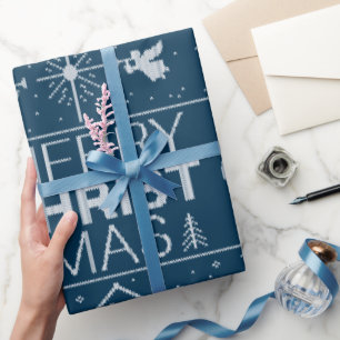 Ugly Christmas Sweater Christian Blue Christ Jesus Wrapping Paper