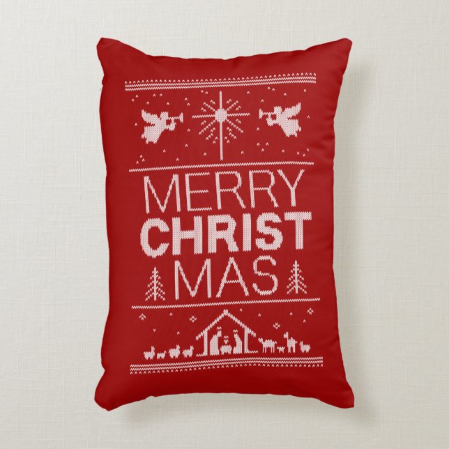 Ugly Christmas Sweater Christian Nativity Red Decorative Pillow (Front(Vertical))