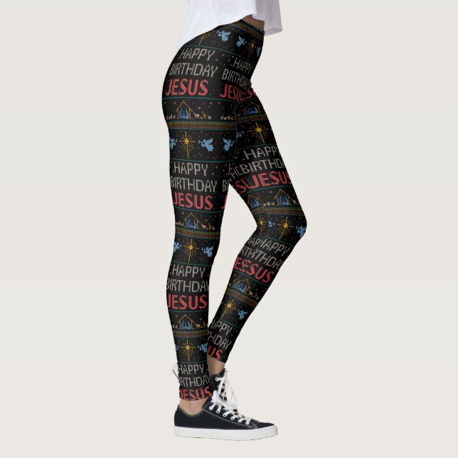 Ugly Christmas Sweater Design Happy Birthday Jesus Leggings (Right)