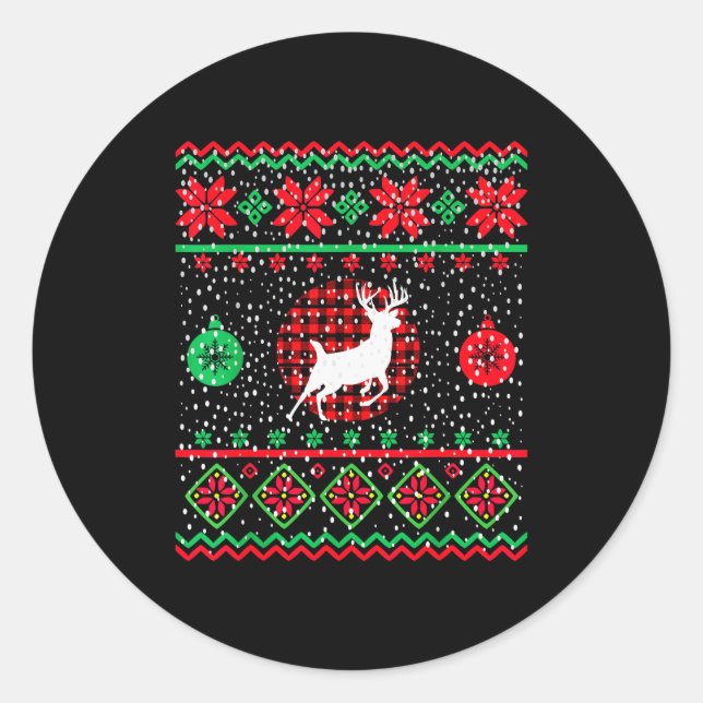 Ugly Christmas Sweater Design Plaid Reindeer  Classic Round Sticker (Front)